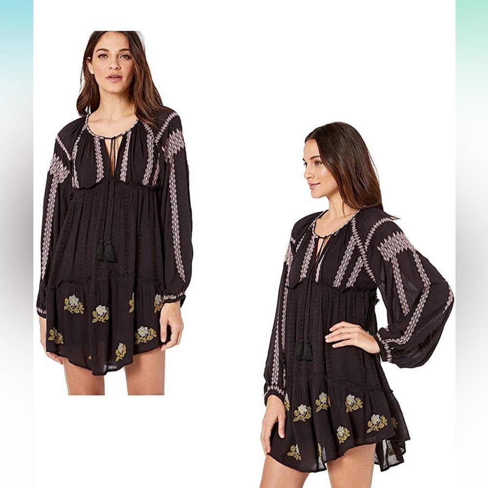 Free People Black Boho Dress with Floral Accents